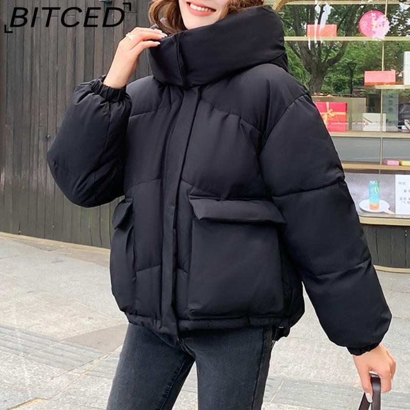 BITCED Women's Loose-Fit Puffer Jacket with Hood - Short-Length Thickened Winter Coat