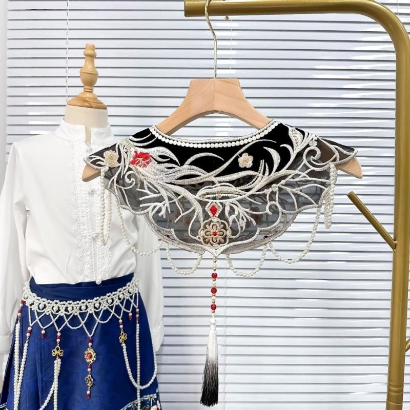 Damen Faux-Kragen mit Perlenketten-Quasten Vintage Stickerei Chinesisch Schwarz Falscher Kragen Schal Capelet mit Perlen Quasten