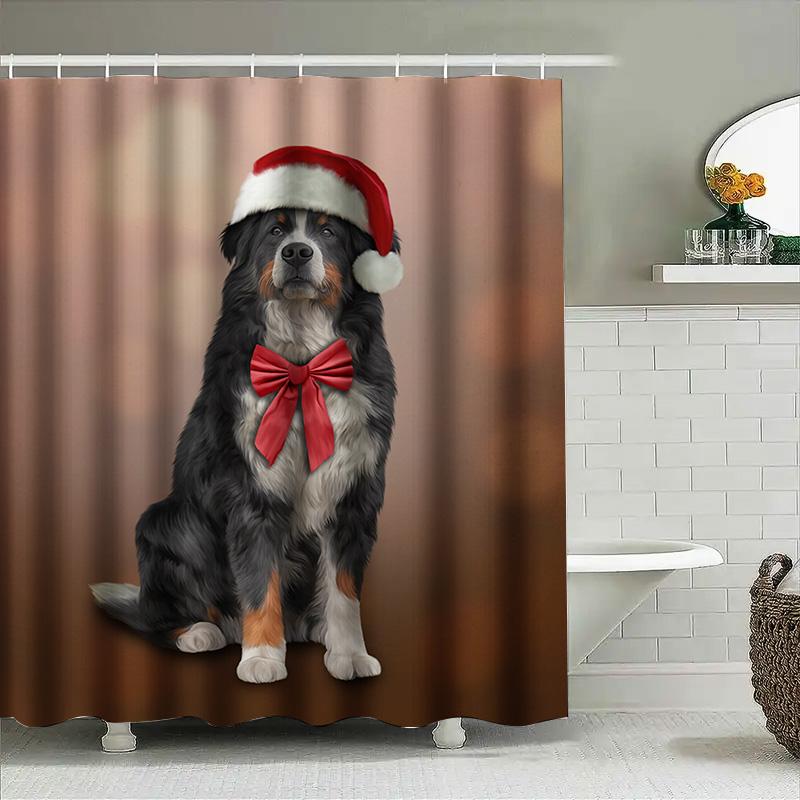 Christmas Santa Hat Bow Tie Dog Shower Curtain Decoration For Bathroom New Year Pet Portrait Print Waterproof Fabric Bath Mat Co