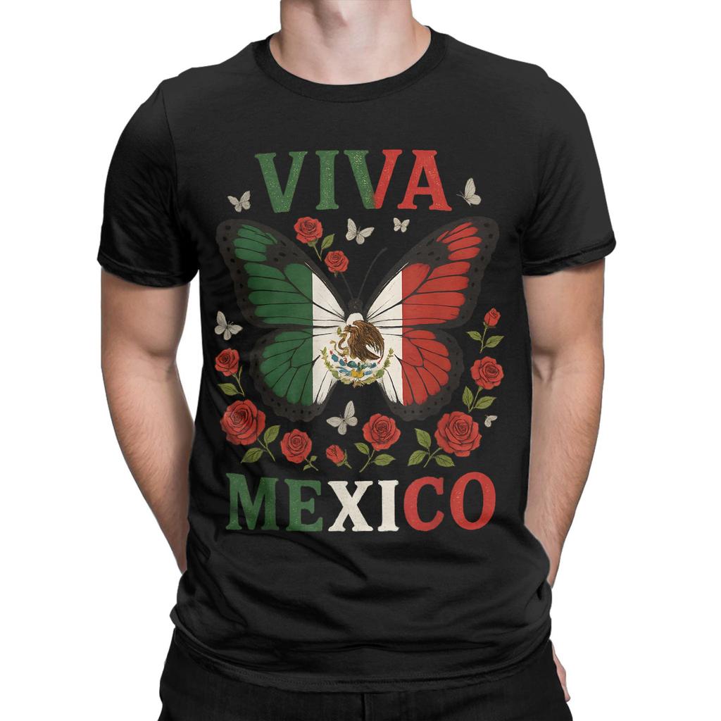 Men's T-Shirt Viva Mexico Butterfly Funny Pure Cotton Tee Shirt Short Sleeve  T Shirts O Neck Clothes 4XL 5XL