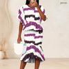 Women Plus Size Black White Printed Round Neck Batwing Sleeve Ruffle Hem Top Fishtail Skirt Two Piece Set