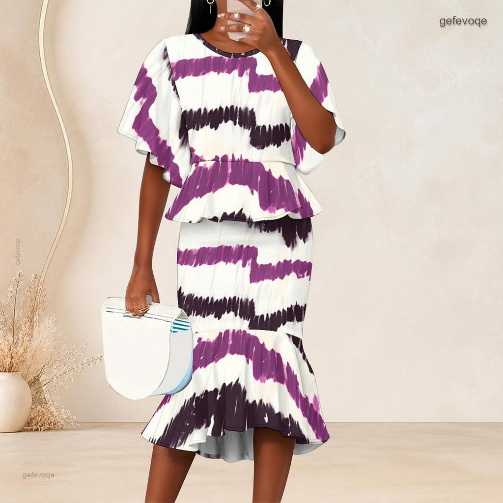 Women Plus Size Black White Printed Round Neck Batwing Sleeve Ruffle Hem Top Fishtail Skirt Two Piece Set