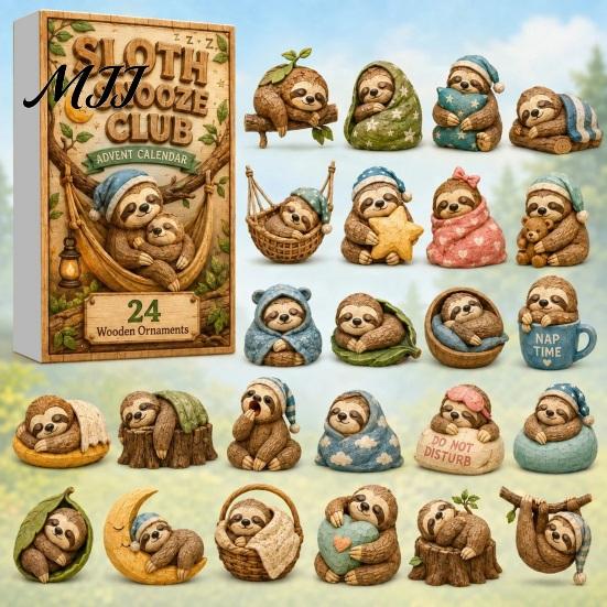 Cute Sloth Pendant Set Advent Calendar, 24Pcs Acrylic 2D Ornament Holiday Collectibles with Vintage Warm-Tone Designs, Christmas Tree Hanging