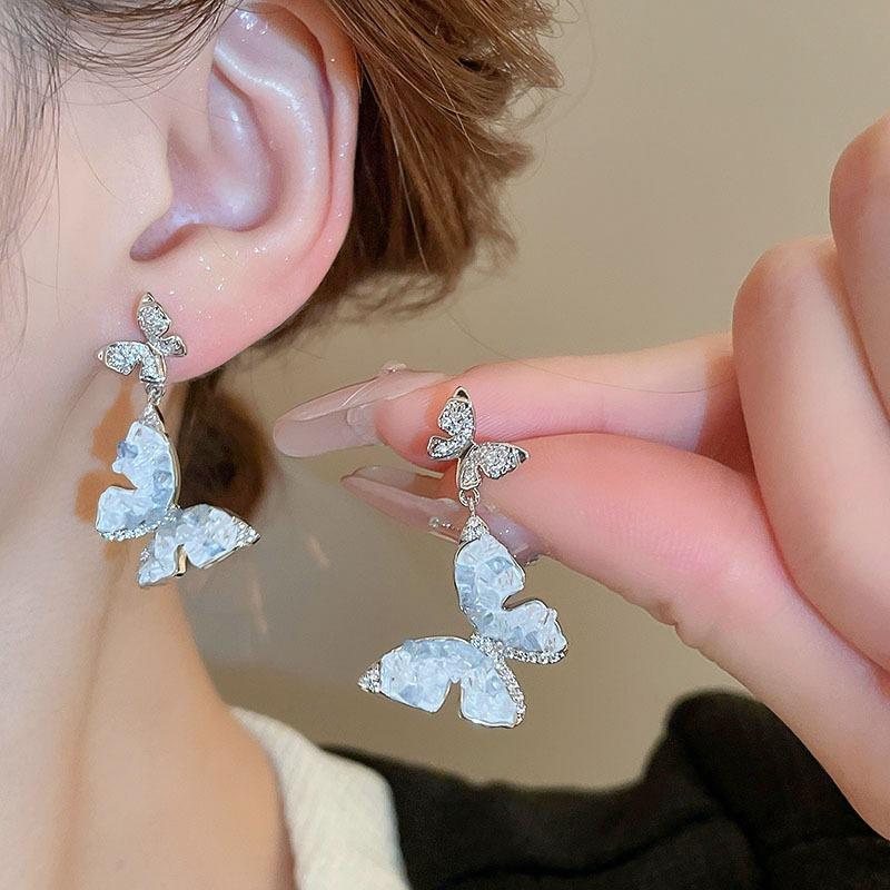 Silver needles small fresh gradual change artificial crystal butterfly stud earrings ear buckle explosion atmosphere flower earrings earrings women