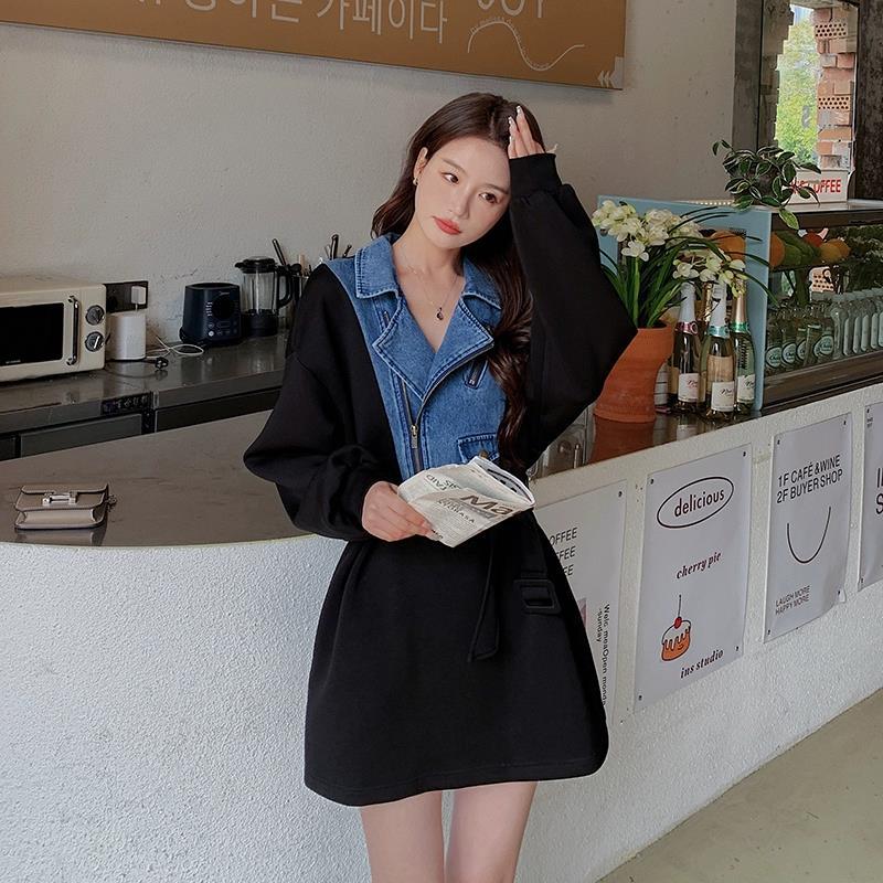

Джинсовое платье-свитшот с длинными рукавами для женщин, осенняя новая корейская версия, свободное укороченное уличное платье для маленьких персон S чёрный