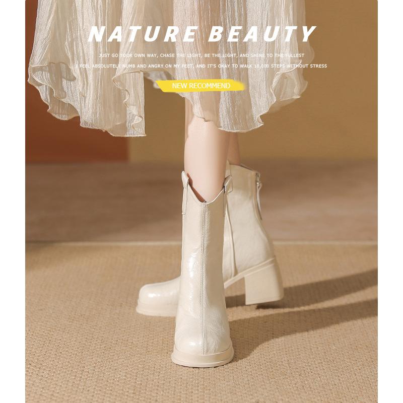 Small height-increasing boots women's autumn and winter thick-heeled short boots autumn and winter white high-heeled boots leather boots Martin boots