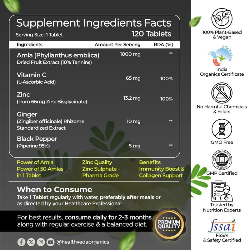 Health Veda Organics Natural Vitamin C Supplement 1000mg with Amla Extract, Zinc Bisglycinate, Ginger & Black Pepper | Immunity Booster, Antioxida