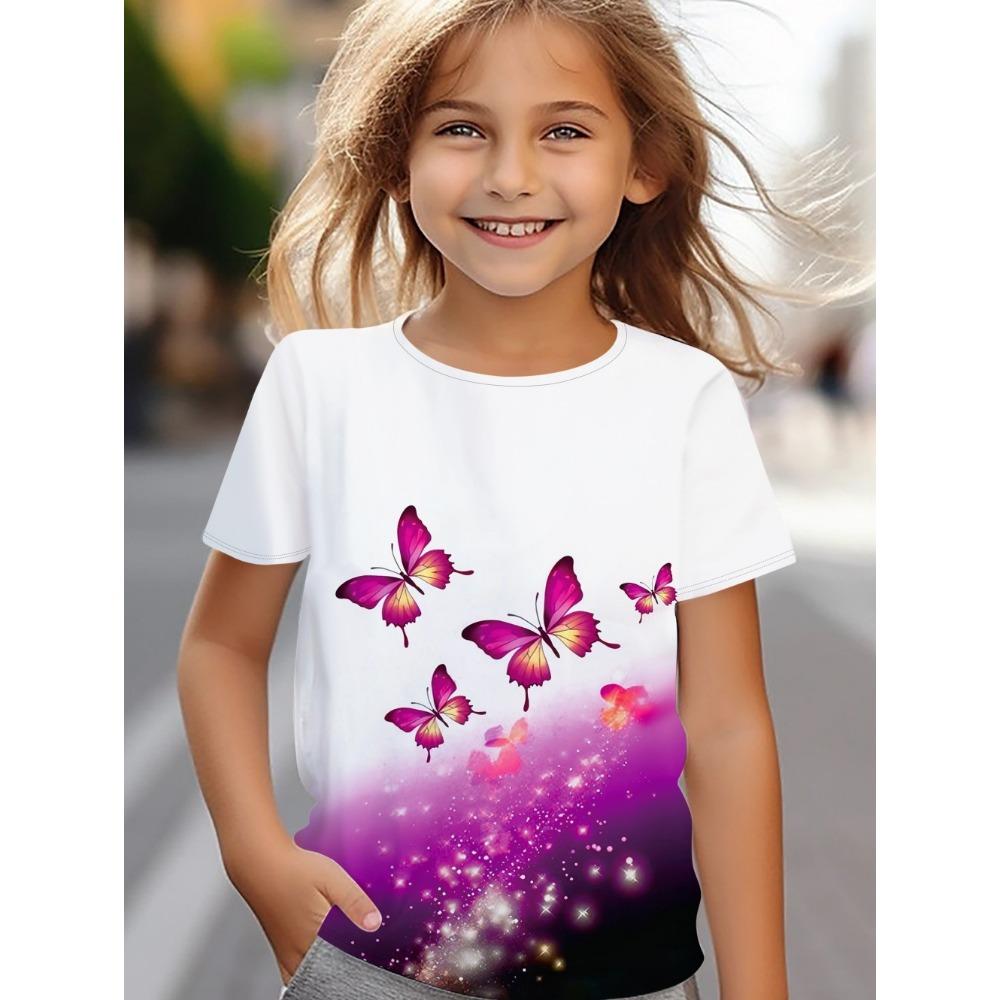 Children's Clothing, Women's Clothing, Summer Short Sleeved Kawaii Butterfly Printed Girls' T-shirt, Fashionable Round Neck Children's Clothing
