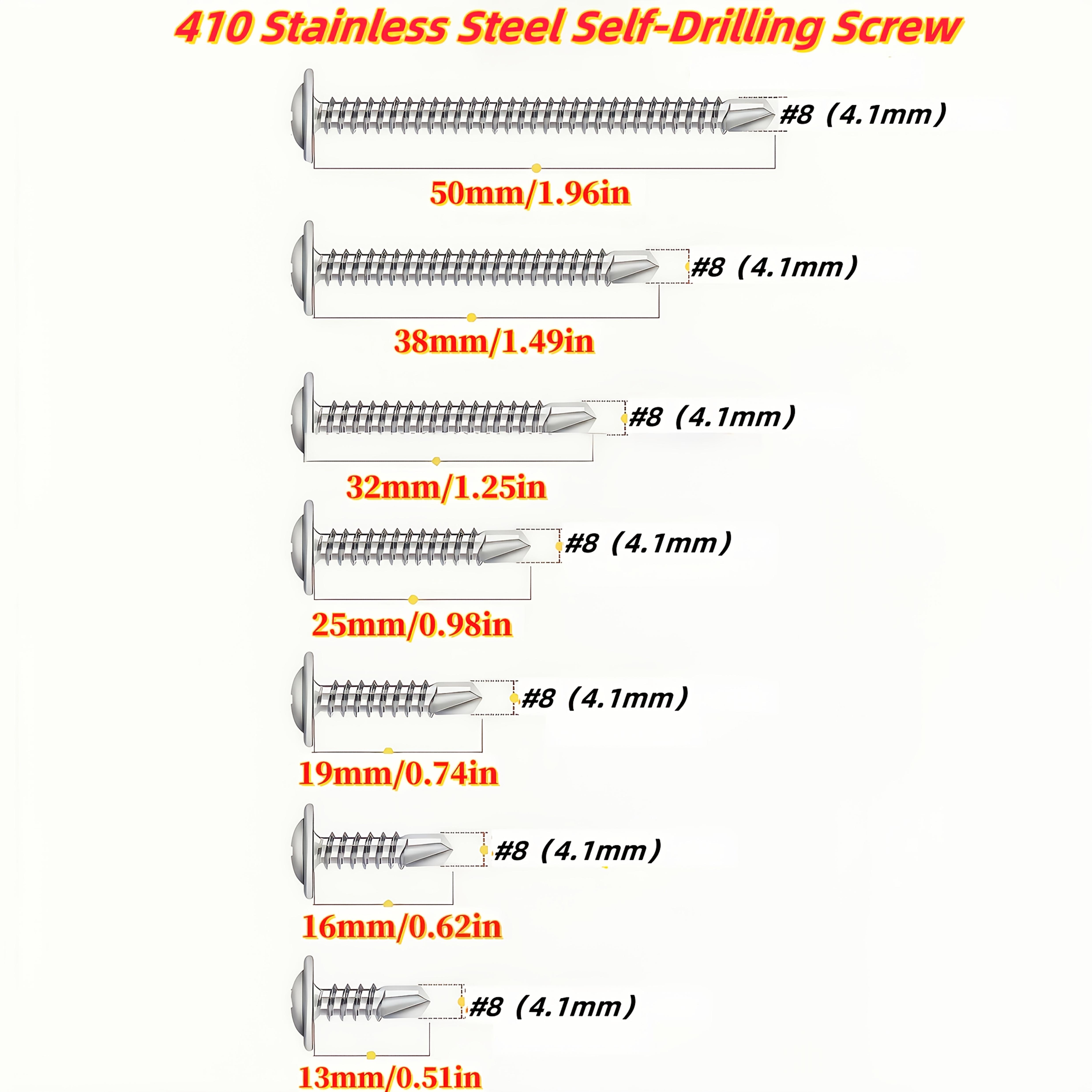 

49 шт. самосверлящих винтов TEK с полукруглой головкой из нержавеющей стали 410, #8 Металл/Листовая мебель Дерево, 1/2 (13мм) до 2 (50мм), 49 Pcs 16mm