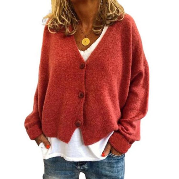 Lockere Passform V-Ausschnitt Pullover Mantel Langarm Strickjacke Einfarbig Gestrickt Damen Pullover