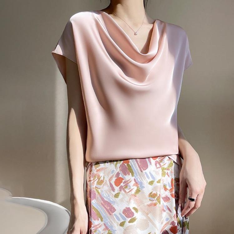 Fashion Women Satin Thin Temperament Collar Tops Short Sleeve Stacked Spring Summer New Versatile T-shirt Foreign Style