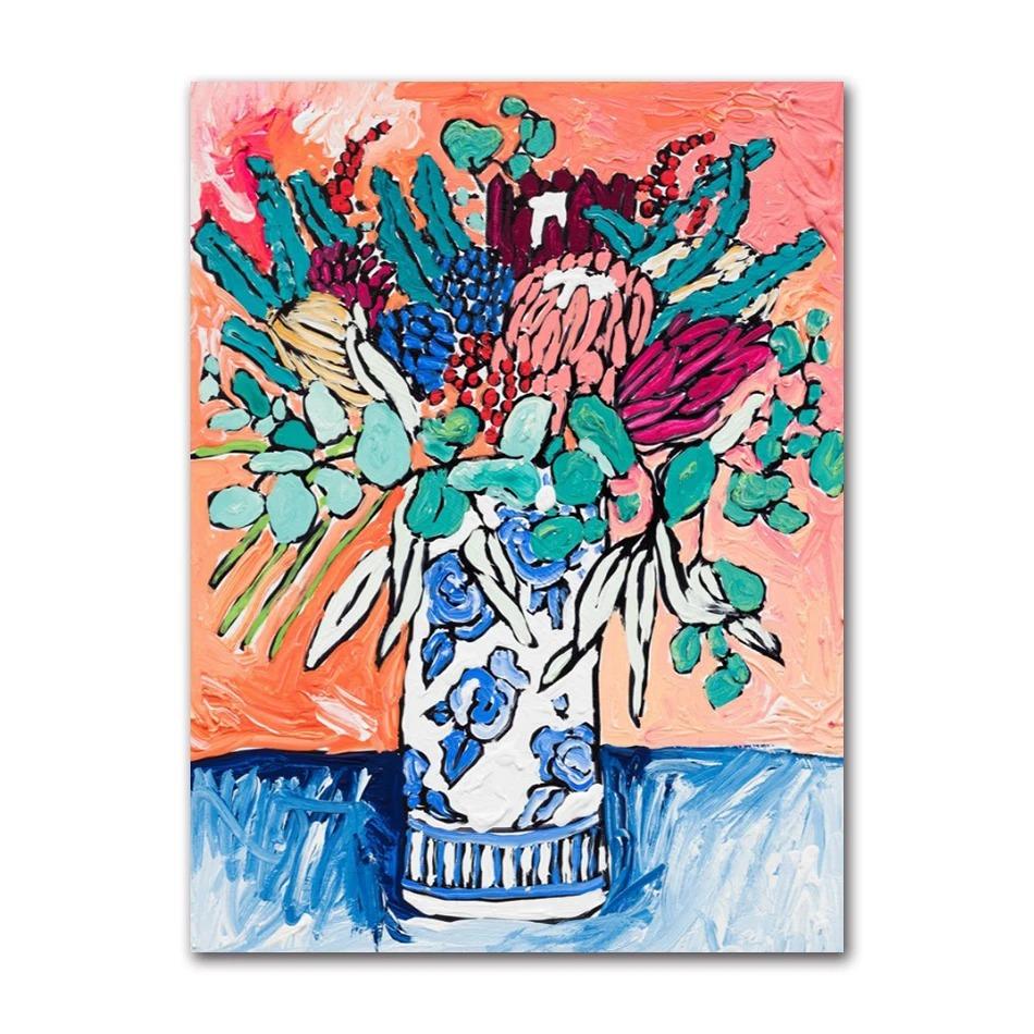Nordic Flower Leaf Colorful Vase Art Print Wall Poster Canvas Painting Retro Picture Modern Home Decor Bedroom Decoration