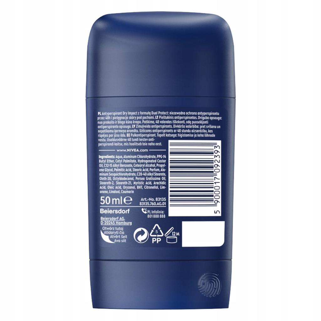 Nivea Men Dry Impact Antyperspirant W Sztyfcie Dla Mężczyzn 48H 50Ml