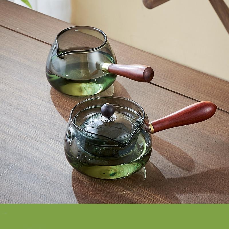 Skleněná konvice na čaj s dřevěnou rukojetí, průhledná boční rukojeť, kávová konvice, čínský čajový obřad, čistý čaj, kung-fu čaj, sada čajového oblečení