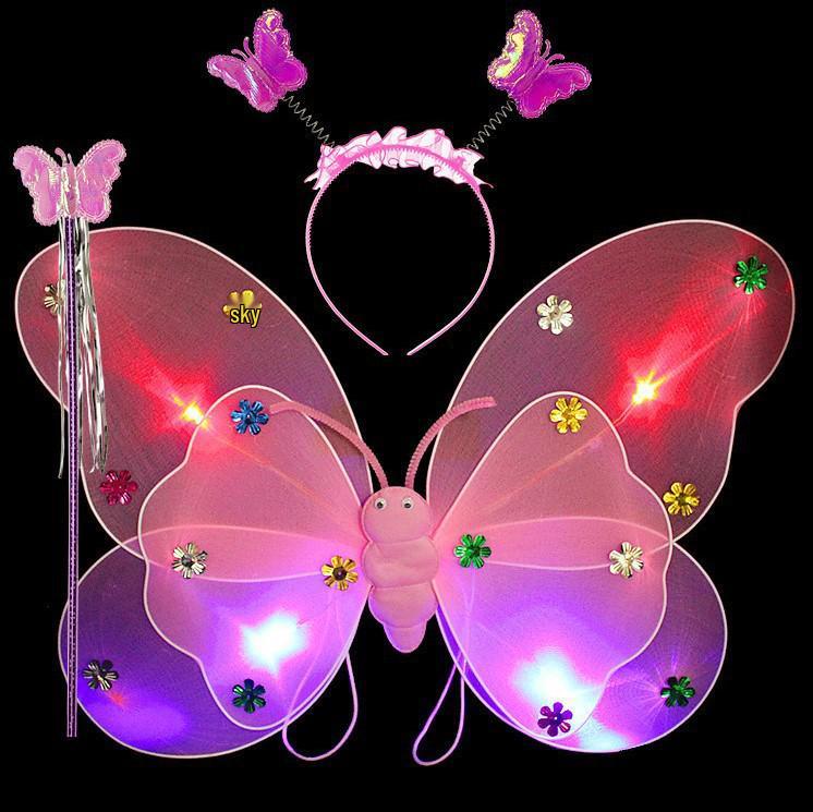 Illuminated Butterfly Wings Set: Light-Up Three-Piece for Children's Performances and Night Markets