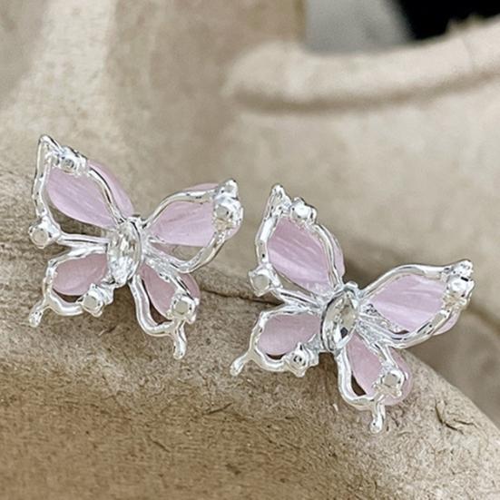 1 Pair Women Stud Earrings Double-layered 3D Butterfly Faux Opal Polished Anti-slip Ear Studs Prom Dating Party Ear Jewelry