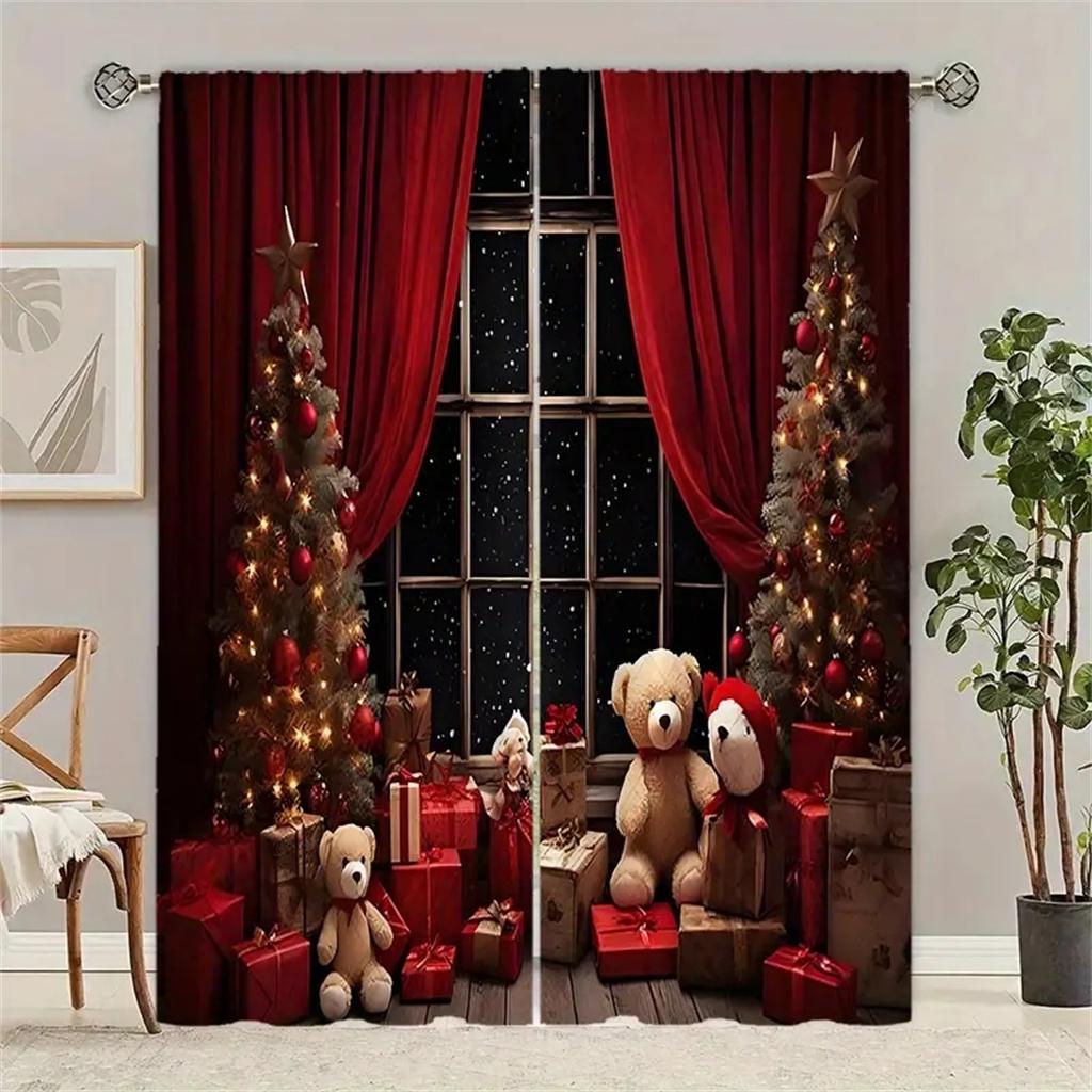 2pcs Christmas Tree Red Christmas Curtains Polyester, Rod Pocket Design for Living Room Bedroom Kitchen Decor -Machine Washable