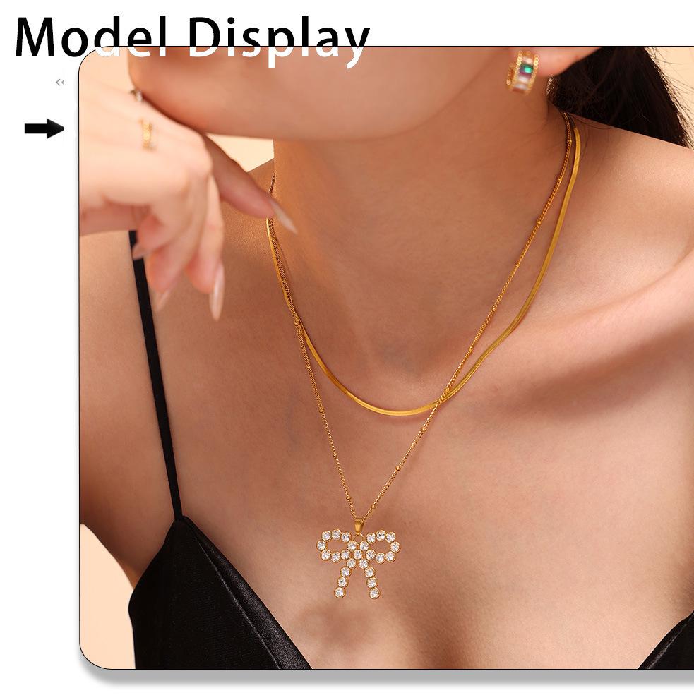 Qiong Yao Pearl Zirconia Bow Tie Necklace: Gold-Plated, Fade-Resistant Titanium Steel Sweet Jewelry