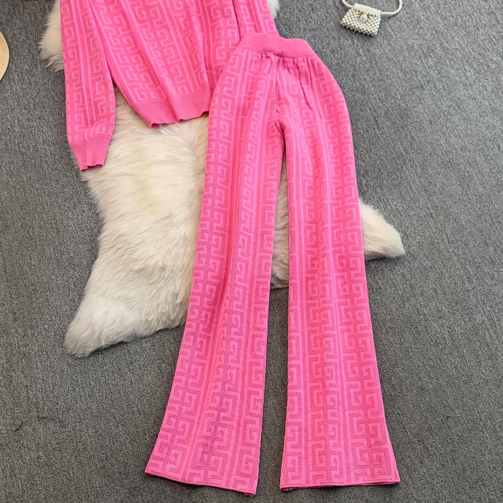 Jesień Zima Damski Designerski Wzorzysty Dzianinowy Sweter Spodnie Dwuczęściowy Zestaw Długi Rękaw Jednorzędowa Kurtka Top i Spodnie z Elastycznym Pasem Dres