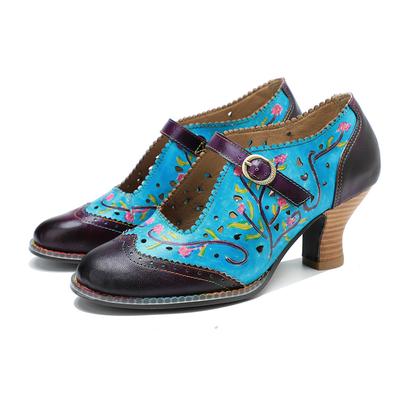 Genuine Leather Pumps Women Shoes Hand-painted Contrast Hollowed-out Floral High Heels Ladies Shoes