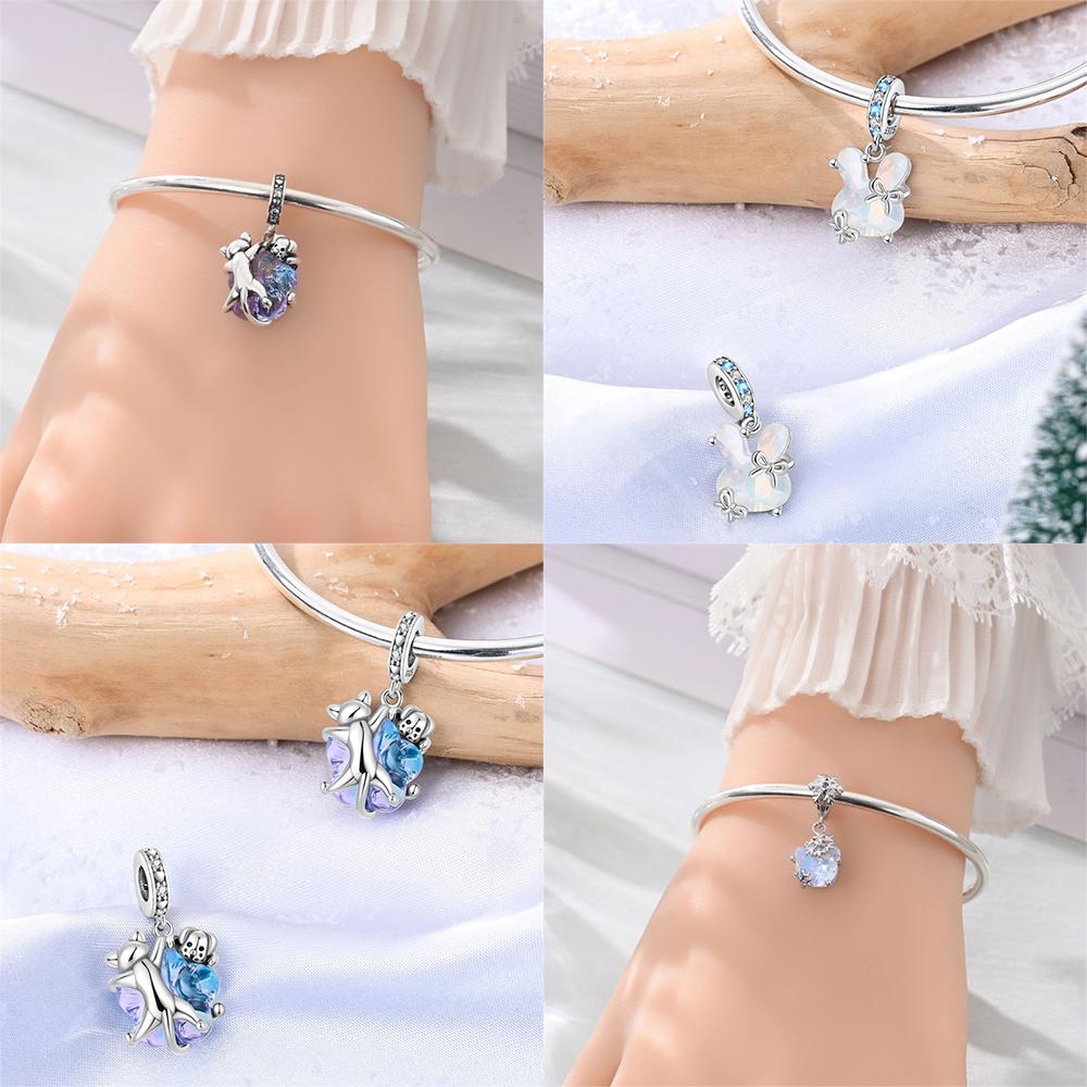 Authentic copper Crystal Pendant Blue Zircon Bow Featuring Rabbit Cat Dog Bead Compatible With Bracelets Accessory Jewellery Women Fine Gift