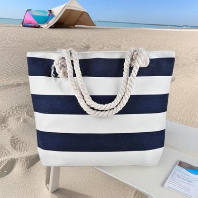 Damen Große Gestreifte Canvas Strand Schultertasche