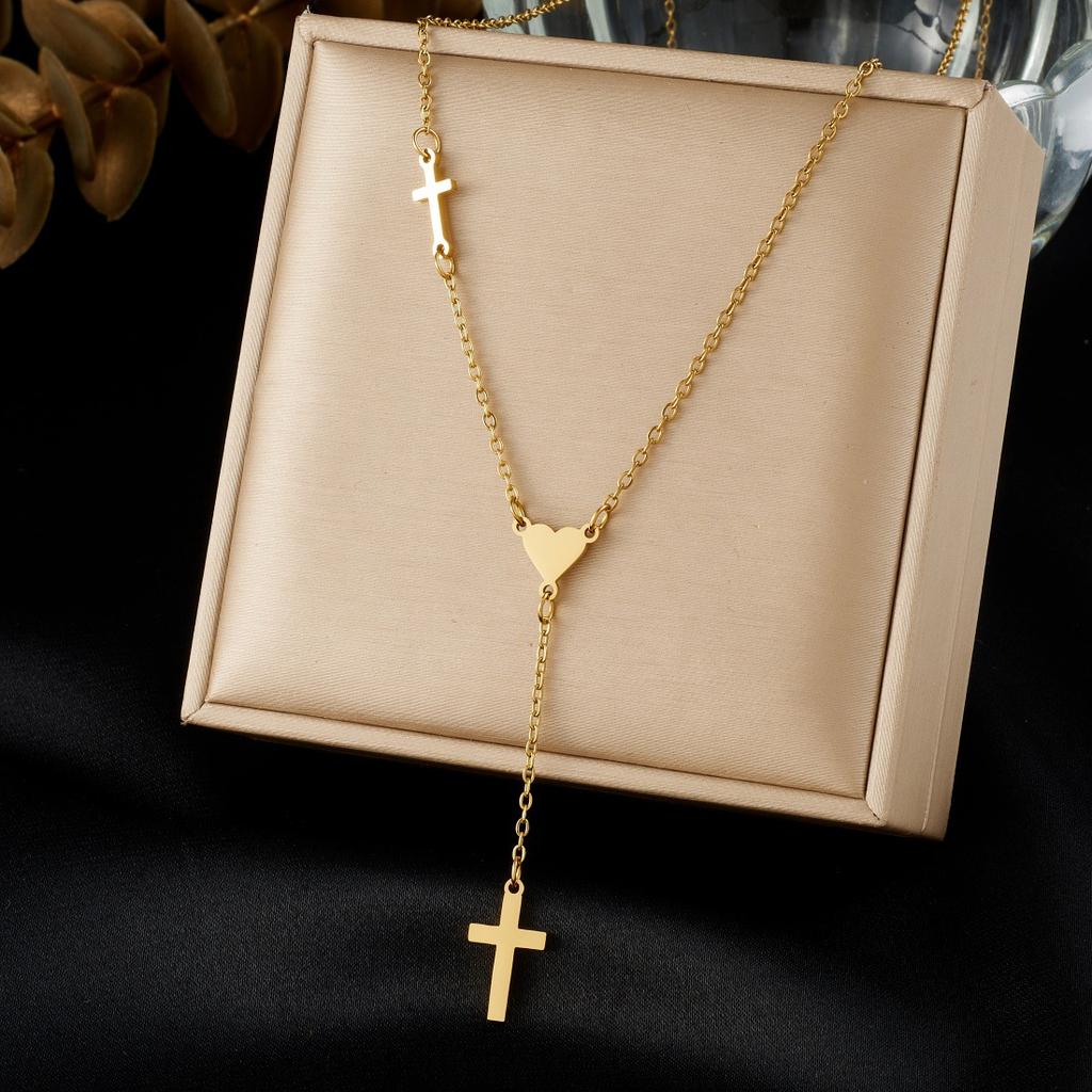 Gold Plated Stainless Steel Cross and Heart Lariat Necklace for Women