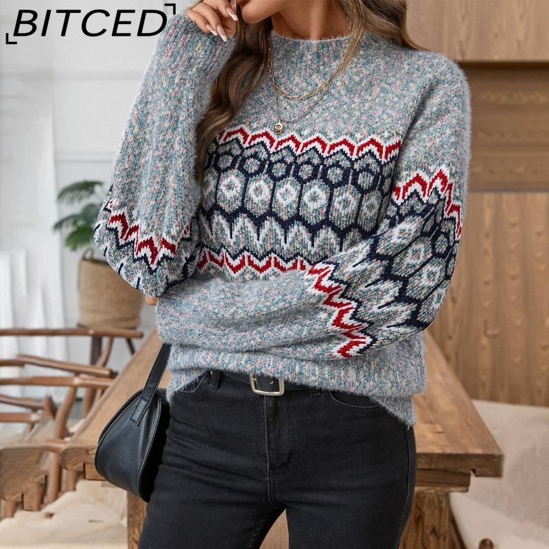 

BITCED Jacquard Autumn/Winter Pullover with Half-High Neck Women s Casual Long-Sleeved Knitted Top XL серый