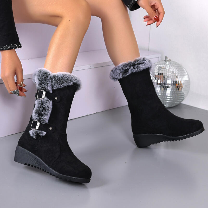 Fashion Vintage Fluffy Fur Non Slip Suede Snow Boots Women 2025 Winter Warm Plush Black Ankle Boots Metal Buckle Furry Short Booties 43