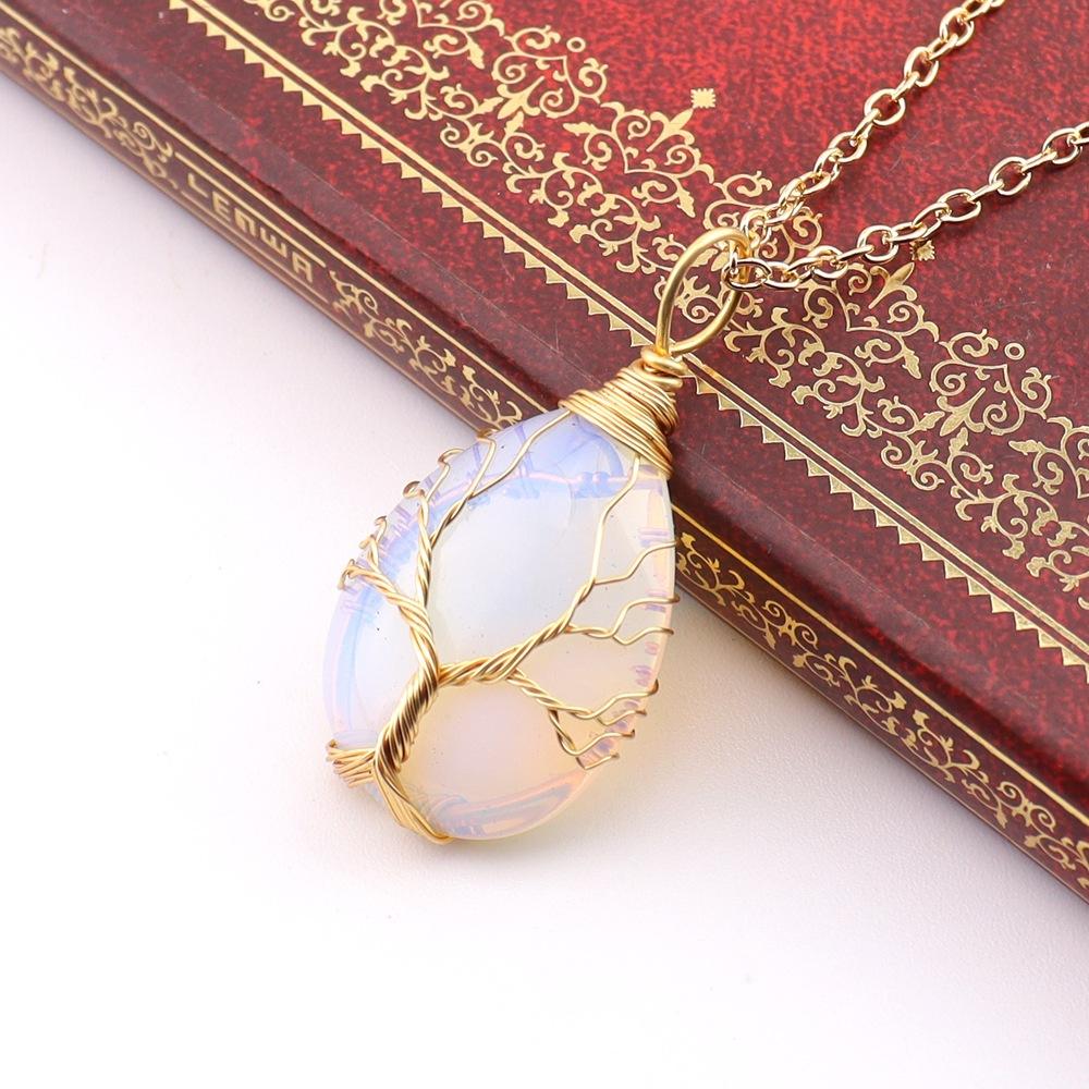 Natural Stone Crystal Agate Water Drop Winding Silk Tree Of Life Pendant Necklace Sweater Chain Water Drop Rough Stone N781