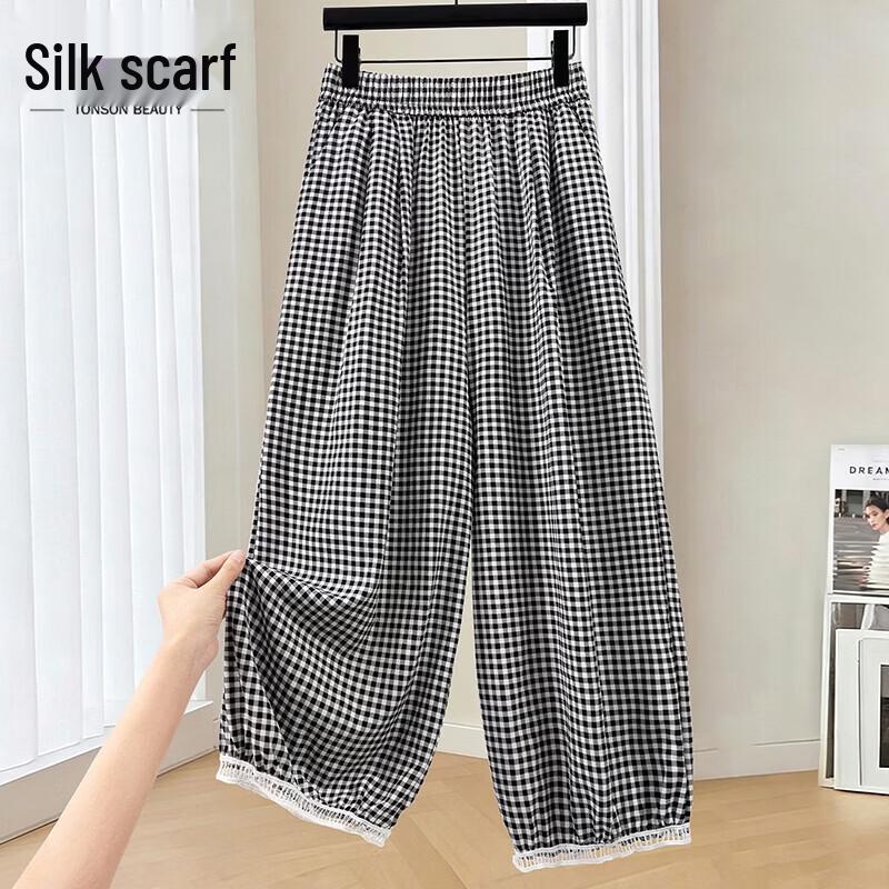 Women s Elastic Waist Plaid Wide-Leg Casual Pants L