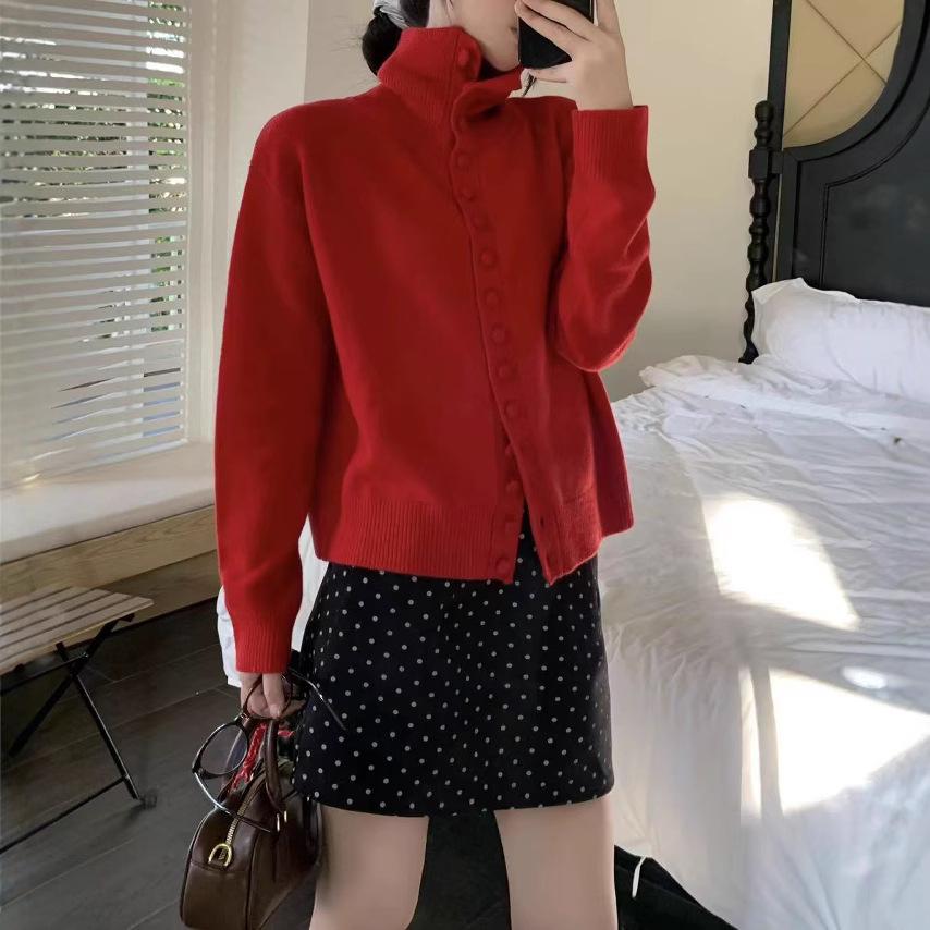 Gentle Soft Sticky High Neck Knitted Cardigan Female Fall Loose Single-breasted Short Section Lapel Sweater Coat