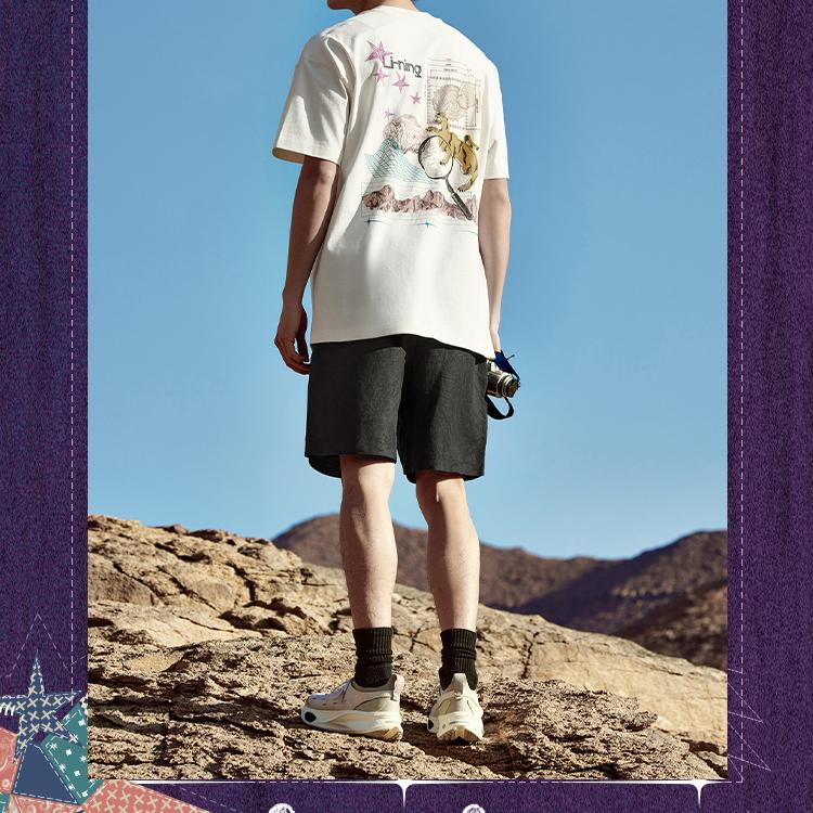 Li-Ning Letter Print Crew Neck Pullover Loose Short Sleeve T-Shirt Unisex Tops Ash-Purple AHSU255-2