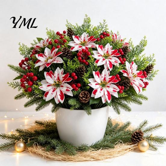 Home Interior Floral Accents 5 Heads Artificial Poinsettia Flowers, Christmas Fake Pine Berry Decoration, Flowers Fade-Resistant Red And White