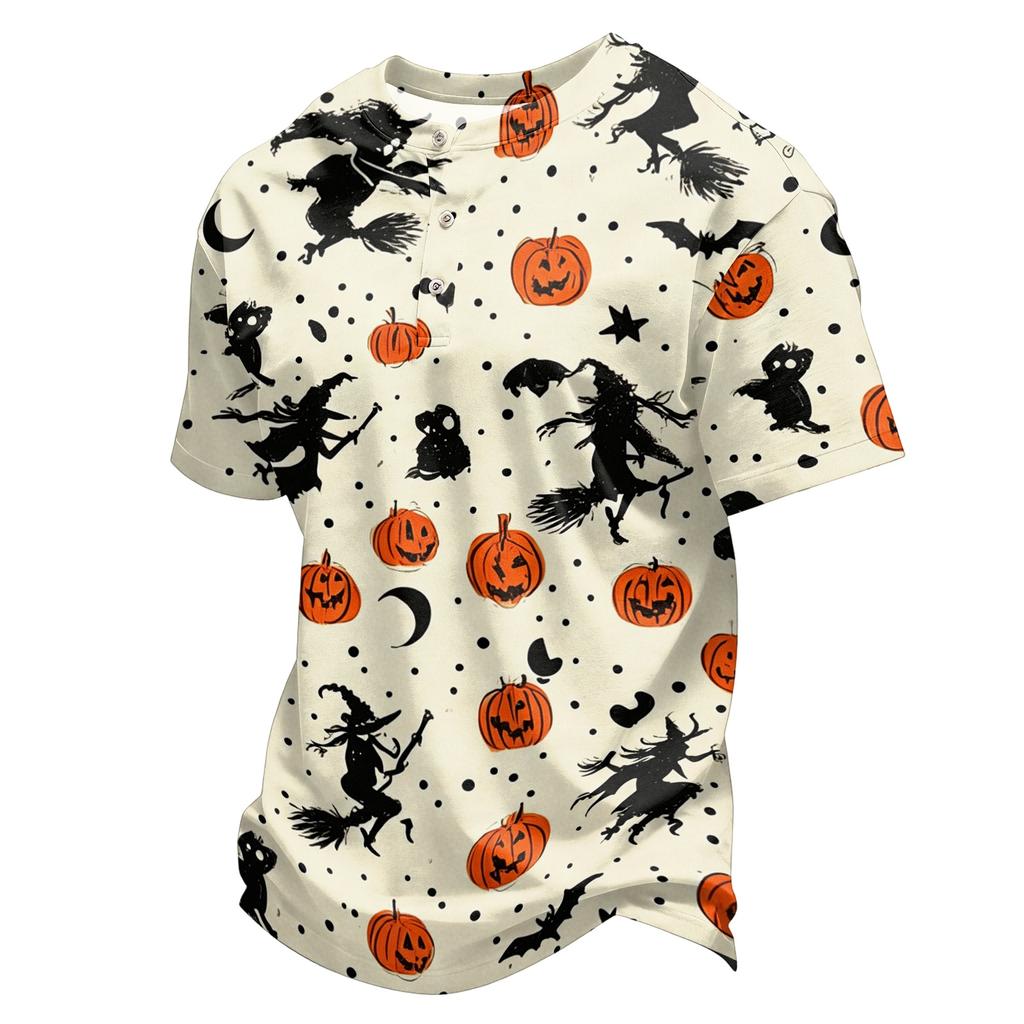 Men's Halloween Short Sleeve Henley Shirt Pumpkin and Bat Print Casual Lightweight Breathable Top for Seasonal Wear