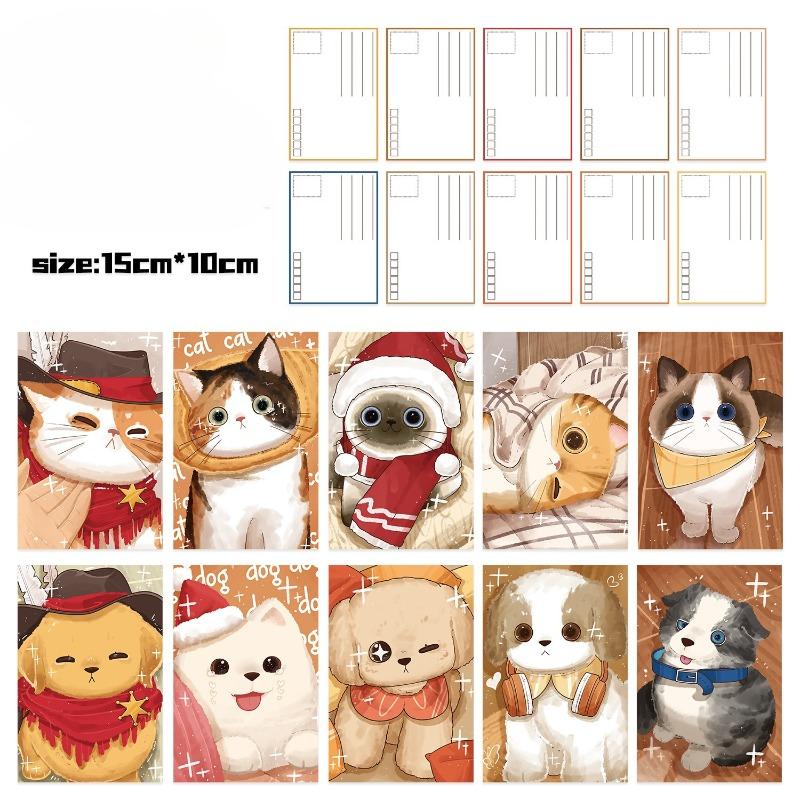 10 Postcards Featuring Cute Cartoon Dogs and Cats To Decorate The Wall and Create A New Reading Atmosphere. Made of Paper Cards.