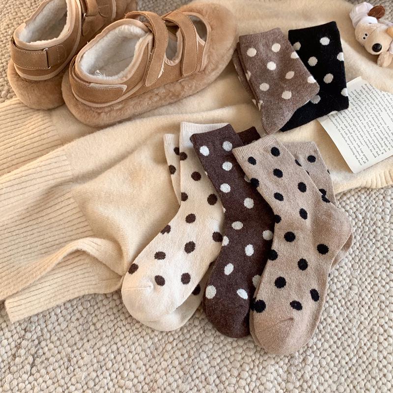Women's Mid-Calf Polka Dot Brown Wool Socks - Warm, Thickened, Japanese Style for Fall/Winter