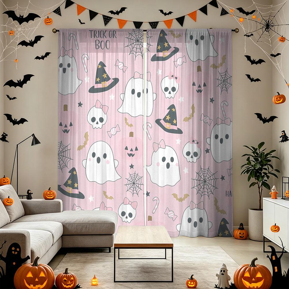 2Pcs Pink Cute Ghost Witch Hat Halloween Rod Pocket Curtains Double Sided Window Drapes Privacy Protection Curtain Panels for