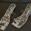 Elegant square head rhinestone pinch feet go out thin heel sandals 2025 spring new transparent belt high heel niche high-end outer wear
