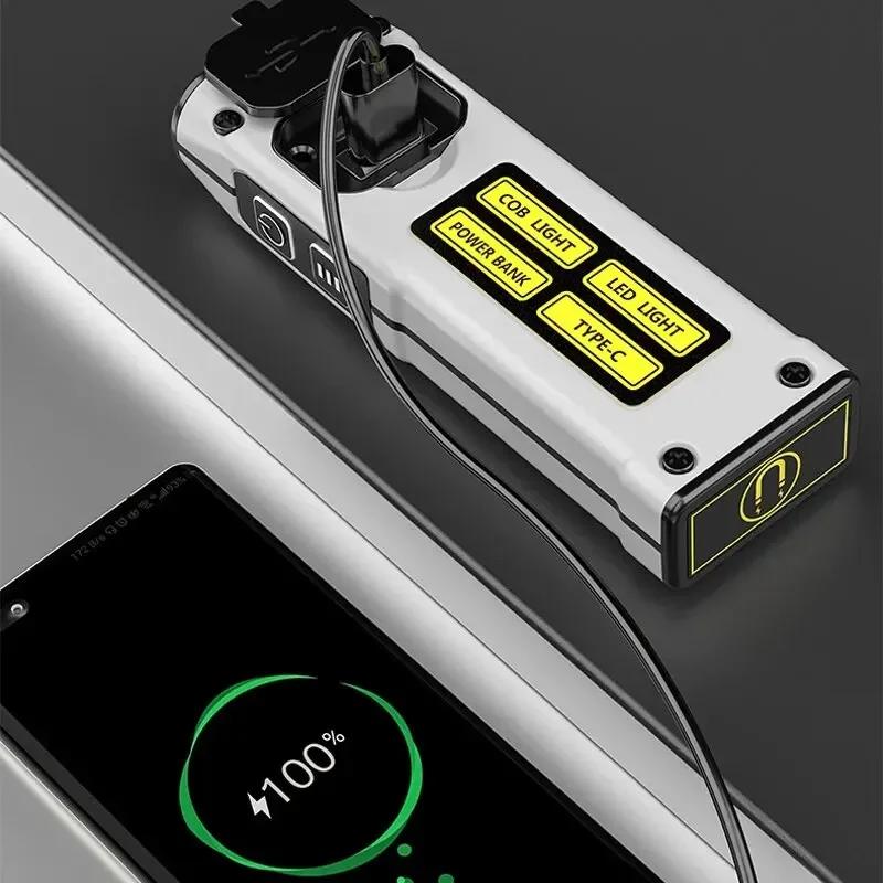 Dual Light Source LED Flashlight USB Rechargeable Work Light Built-in Battery Portable LED Torch for Emergency Camping Household