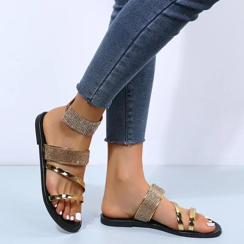 2025 New Shiny Rhinestone Fashion Womens Slippers Outdoor Womens Flat Roman Slippers Shoes Casual Beach Crystal Slippers Zapatos