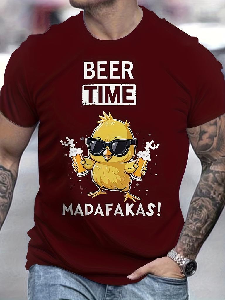 Funny men drinking chicken graphic t-shirt | black with white print and "beer time" slogan, casual round neck short sleeve summer t-shirt