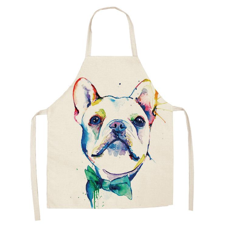 1 Pcs Cotton Linen BullDog Dog Print Kitchen Aprons Unisex Dinner Party Cooking Bib Funny Pinafore Cleaning Apron