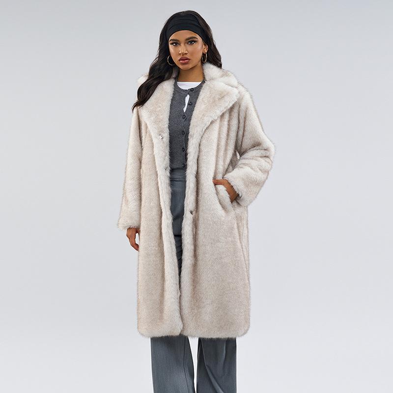 Langer flauschiger Kunstpelzmantel für Frauen Winterkleidung Verdicken Sie warme Reverskragen Plüschjacke Oberbekleidung Mantel weiblich