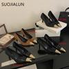 Fashion SUOJIALUN Brand Women Pumps Shoes Fashion Mix Color Ladies Elegant Boat Shoes Pointed Toe Shallow Slip On Thin High Heel Single