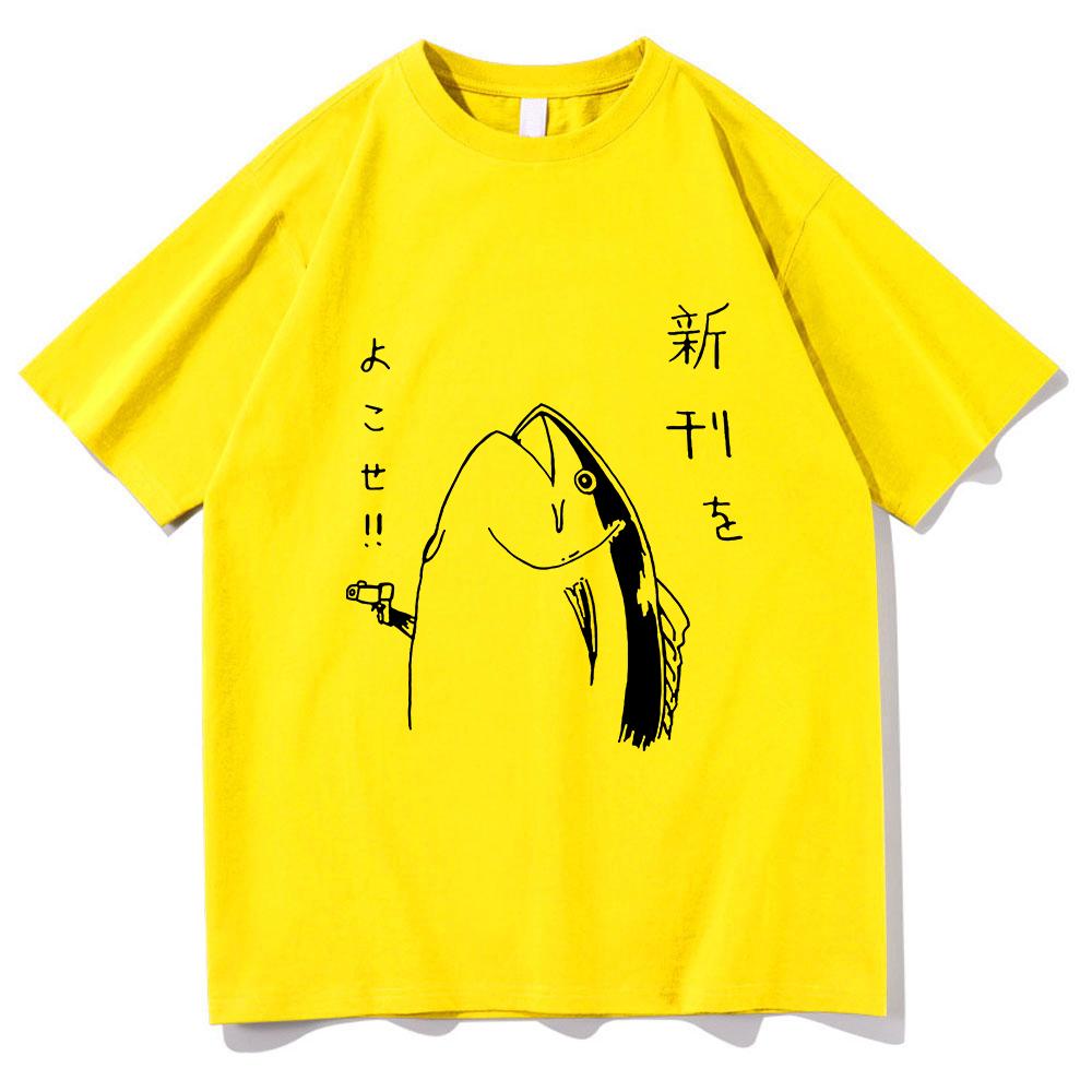 Harajuku Style Lovely Autumn All-purpose Top Fun Japanese Fish and Gun Design T-shirt Couples Unisex Cotton Design T-shirt
