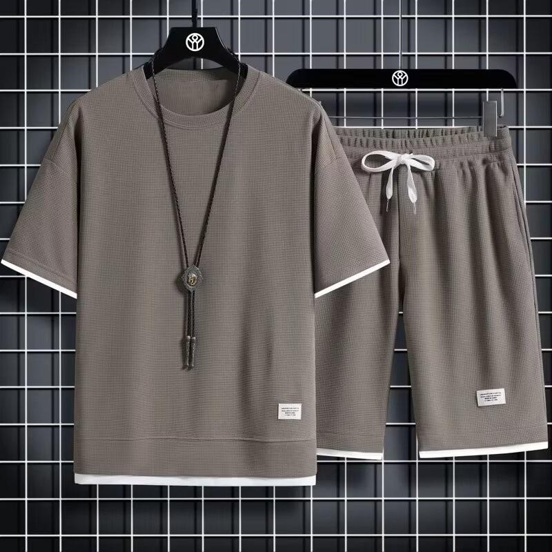 Men's Korean-Style Waffle Summer Casual Shorts and T-Shirt Set