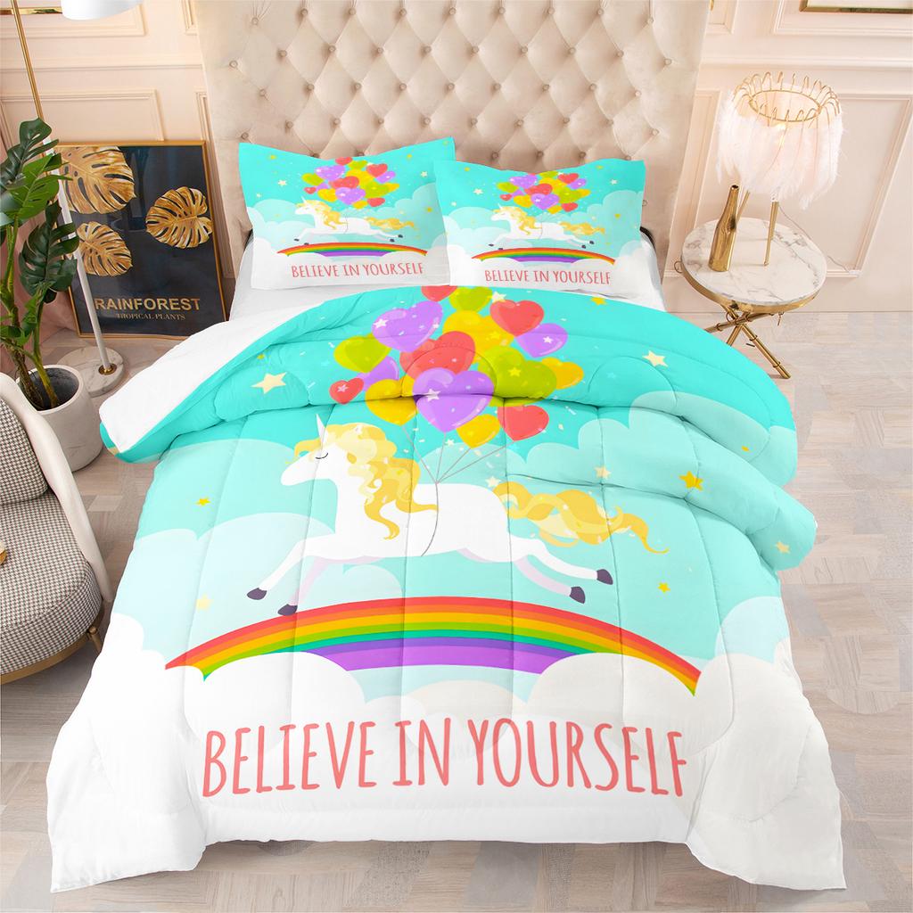 Cartoon Unicorn Three-piece Set Digital Print Fluffy Duvet Cover
