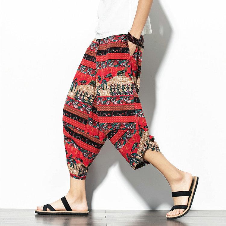 Harajuku Lässige Haremshosen mit weitem Bein für Männer 2024 Sommer Baumwolle Strand Baggy Pants Chinesischer Stil Prinitng Wadenlange Hose