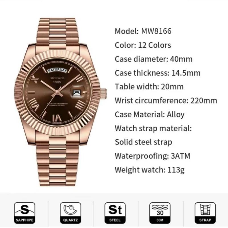 MOBWOL Men Quartz Watch Miyota Movement Calendar Week Waterproof Stainless Steel Band Luxury Business Fashion Male Wristwatch